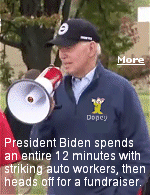 Joe Biden has joined members of the United Auto Workers (UAW) union on the picket line in Michigan, a first for a sitting US president. The president told strikers to ''stick with it'' at a warehouse west of Detroit, where they have been striking for 12 days. ''You deserve a significant raise,'' he said to strikers demanding a 40% raise and other benefits.